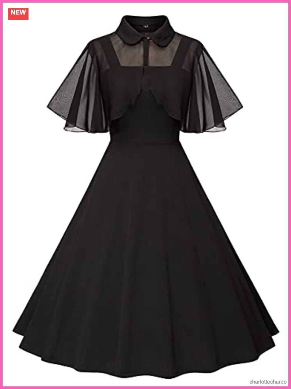 1950s Vintage Goth Swing Cocktail Dress with Chiffon Shawl Sleeveless